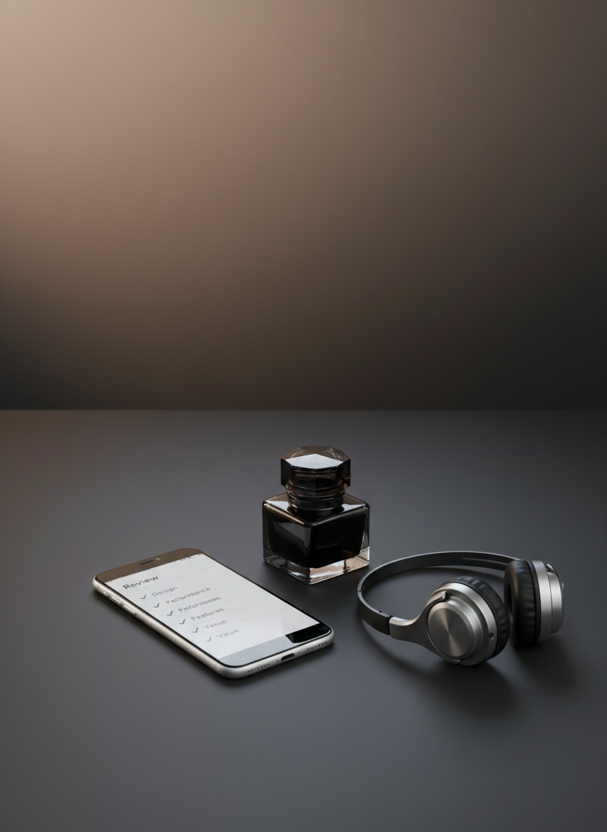 An arrangement of three meticulously designed objects on a matte charcoal surface: a glossy white smartphone displaying a minimalist review checklist, a dark glass ink bottle with a faceted cap, and a slim pair of metallic over-ear headphones folded compactly. A deep, blurred gradient background transitions from soft taupe to graphite, suggesting a modern studio environment. Cool, diffused top lighting creates subtle reflections on the glass and metal, with crisp yet gentle shadows. Captured from a slightly elevated angle in photographic realism, the composition is balanced and asymmetrical, leaving generous negative space on one side for potential text overlay. The overall atmosphere is elegant, analytical, and quietly luxurious, echoing a sophisticated multi-category review space.