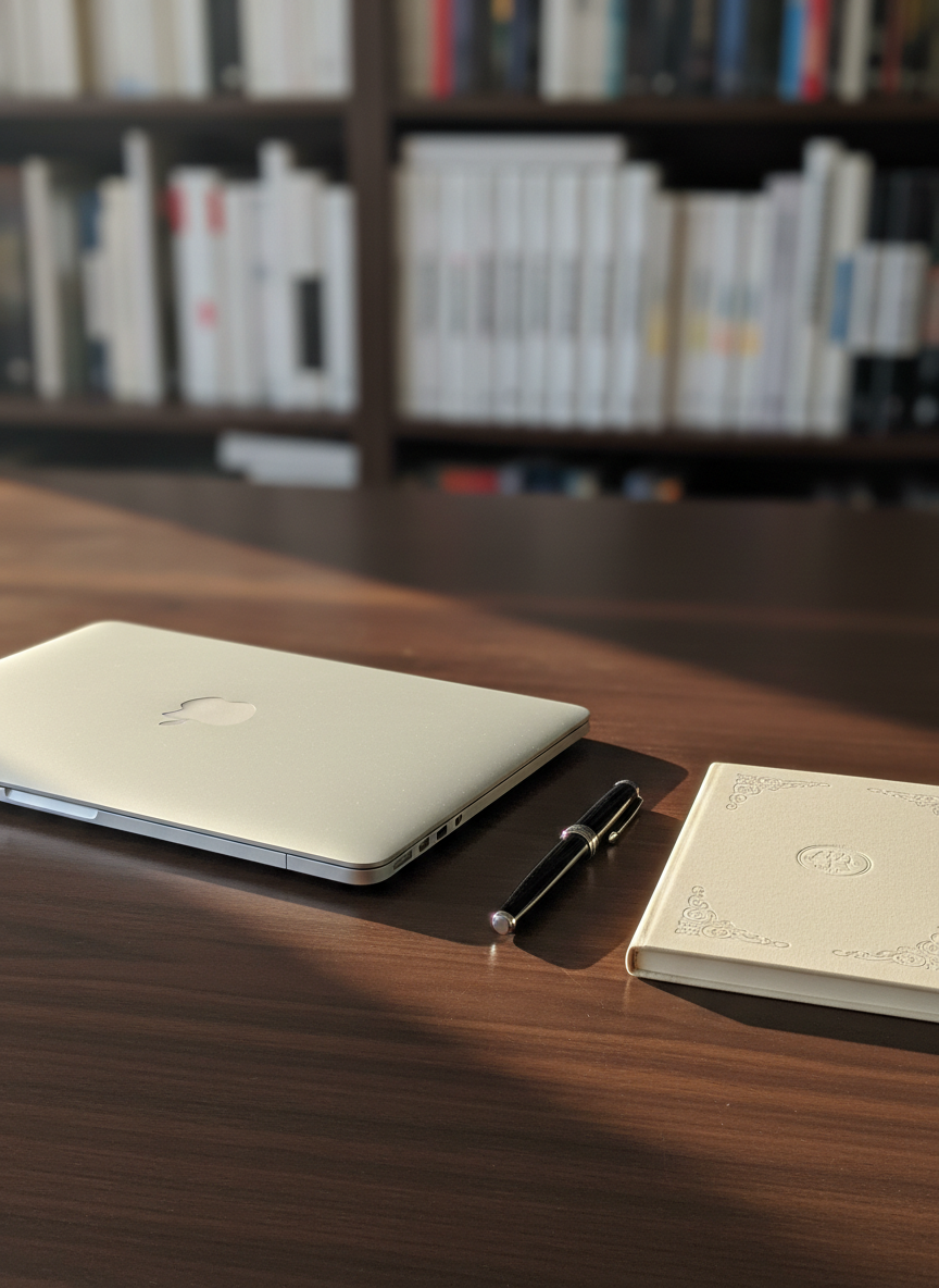 A sleek, closed silver laptop with a brushed metal finish rests on a dark walnut desk, beside a single black fountain pen and a thin, cream-colored notebook with embossed details. Behind them, a blurred bookshelf filled with neatly arranged monochrome book spines creates a subtle backdrop. Soft morning light from an unseen side window grazes the laptop lid, creating a refined highlight along its edge and gentle shadows on the desk. Photographic realism, eye-level composition using the rule of thirds, with a shallow depth of field that keeps the workspace in sharp focus while the background melts into a soft bokeh. The mood is sophisticated, contemplative, and perfectly suited for a thoughtful review blog.