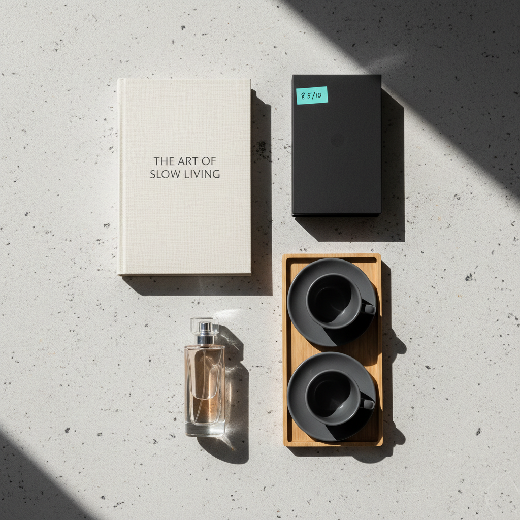 A perfectly organized flat lay of diverse review items arranged on a pale stone surface: a hardcover book with a textured linen cover, a minimalist matte-black gadget box, a translucent perfume bottle with clean lines, and a pair of glossy, ceramic espresso cups on a slim wooden tray. Each item is angled with intention, creating a visual rhythm. Soft, indirect daylight from the top-left bathes the scene, emphasizing surface textures and casting gentle, feathery shadows. Shot in photographic realism from a bird’s-eye view with sharp focus across the frame. The palette leans neutral—ivories, charcoals, muted browns—with one subtle accent color from a small, muted teal sticky note. The mood is curated, intelligent, and quietly indulgent, ideal for a comprehensive, taste-driven review blog.